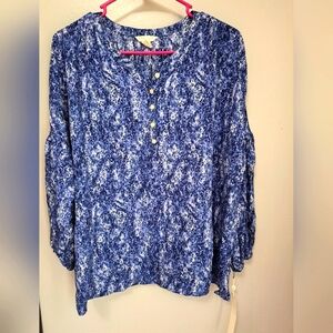 Caslon Women's Shirred Popover Blouse Top Sz Large Purple Blue Leopard Print New